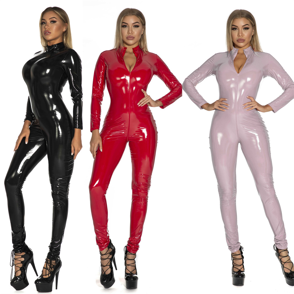 Sewing Latex - Jumpsuit kulit imitasi berkilau seksi wanita